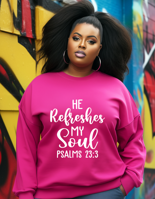 Bible Verse Sweatshirt, He refreshes my soul Psalms 23, Christian sweatshirt,